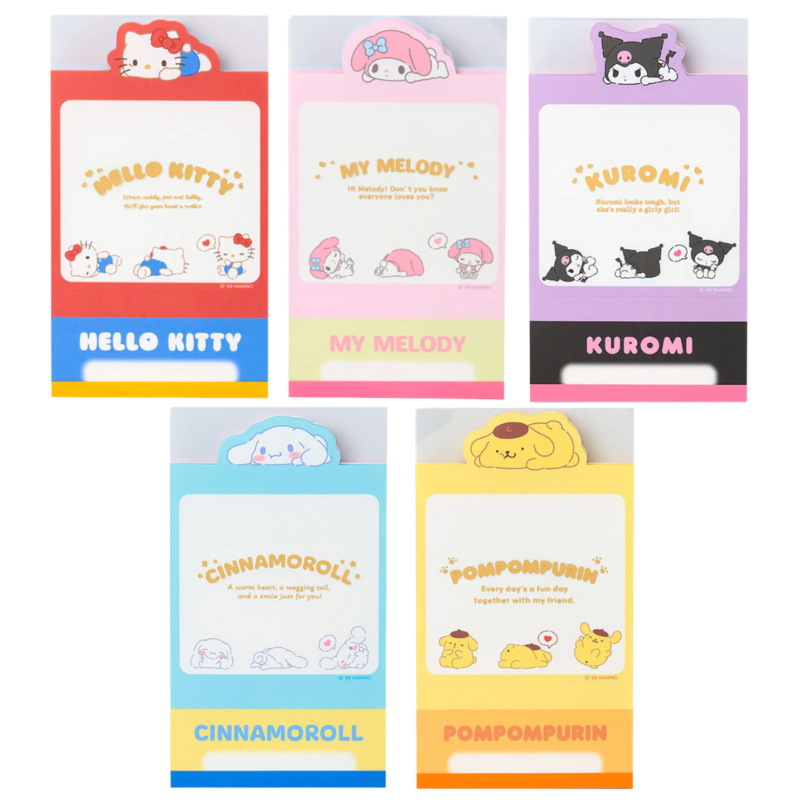 Set of five colorful Sanrio character-themed sticky note packs on a white background