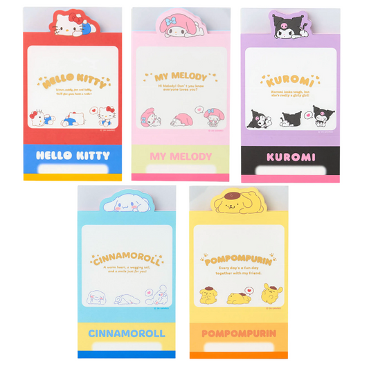 Set of five colorful Sanrio character-themed sticky note packs on a white background