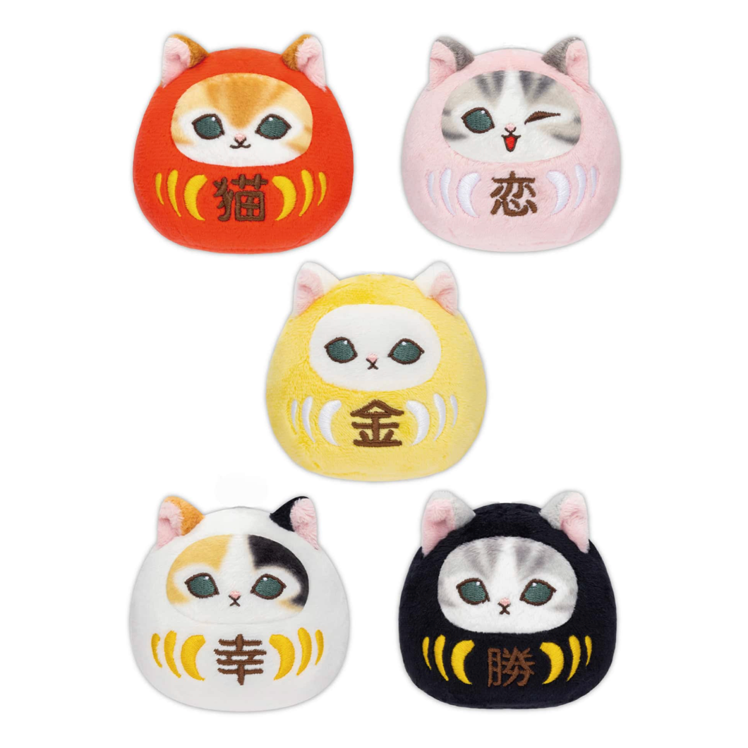 Set of five cat-shaped plush toys with different color schemes and facial expressions on a white background.