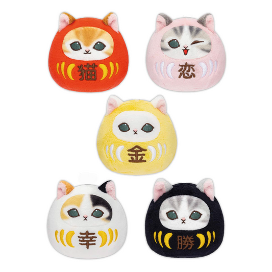 Set of five cat-shaped plush toys with different color schemes and facial expressions on a white background.