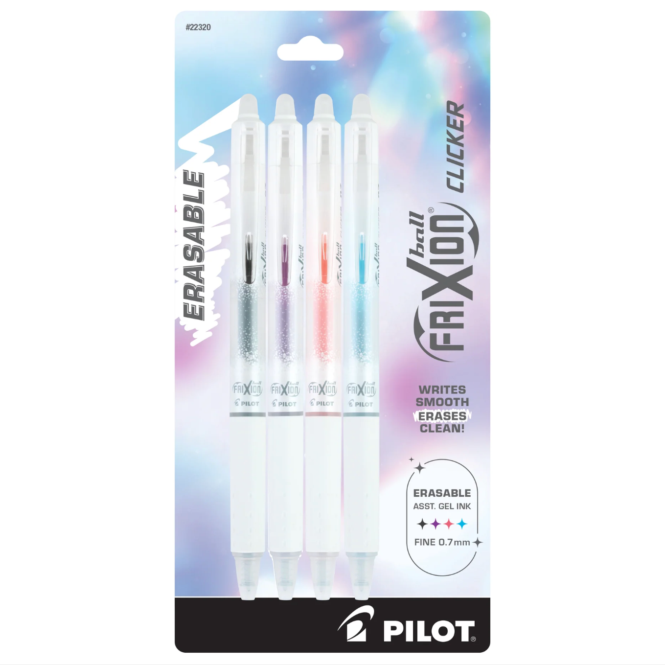 Pilot FriXion Clicker erasable gel ink pens in packaging with colorful gradient background