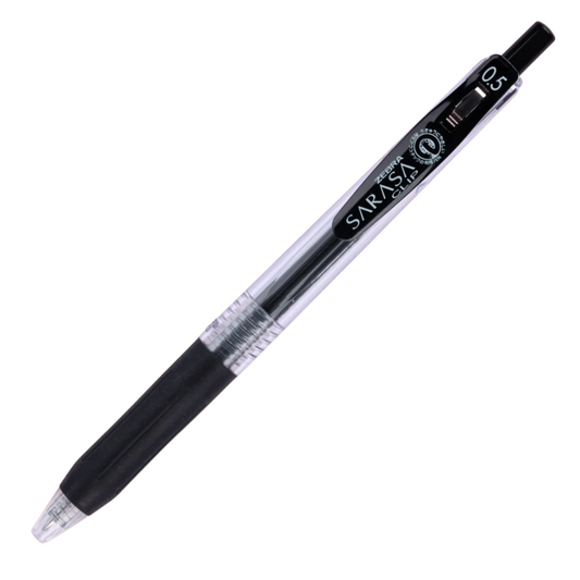 Pen with black accents with text 'Sarasa' on a white background
