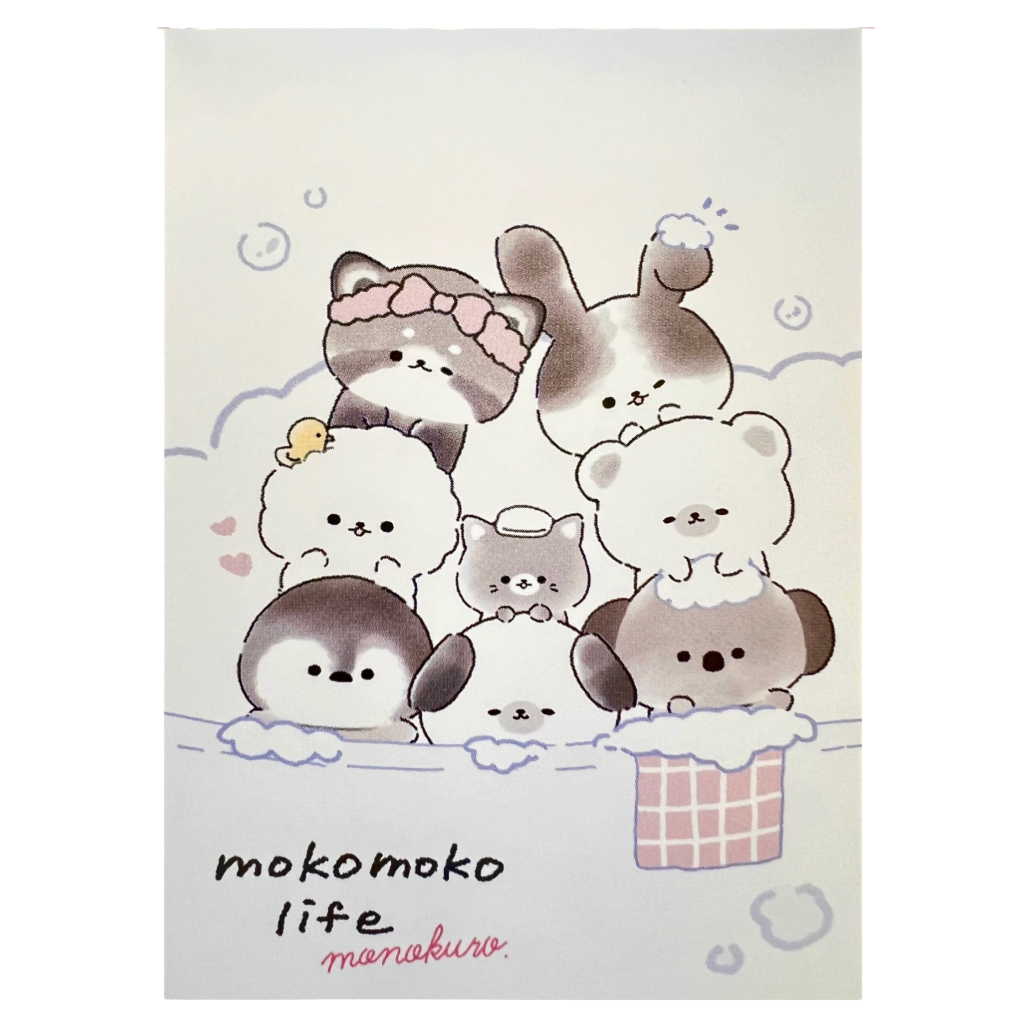 Cartoon animals in a bubble bath with 'mokomoko life' branding.