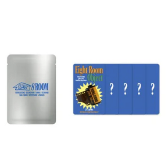 Silver packaging and blue photo cards with text and question marks on a white background