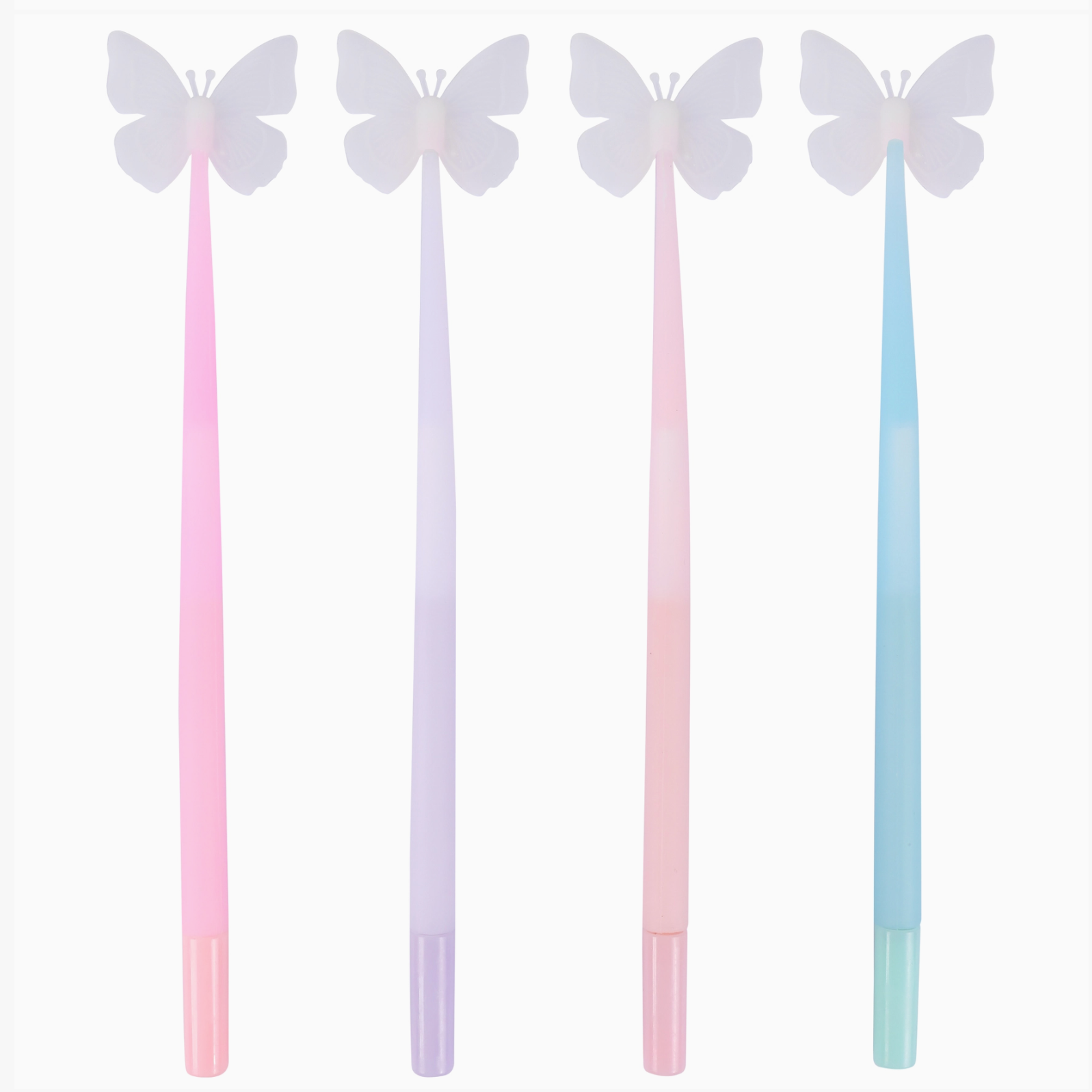 Four gradient pens with butterfly designs on a white background