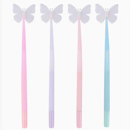 Four gradient pens with butterfly designs on a white background