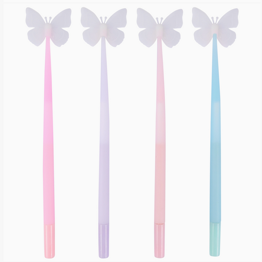 Four gradient pens with butterfly designs on a white background