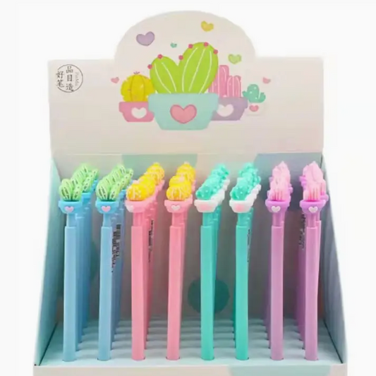 Set of colorful cactus-shaped pens in a display box with 'The Cactus' branding.