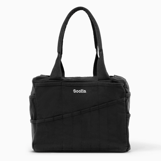 Black handbag with 'Soolla' branding on a white background