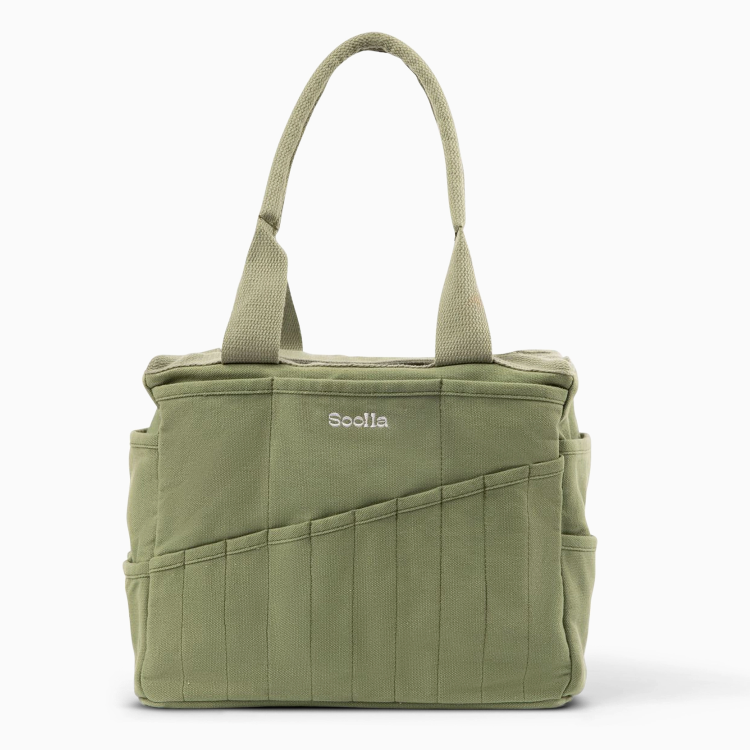 Green tote bag with multiple pockets and a visible brand logo  'Soolla' on a white background