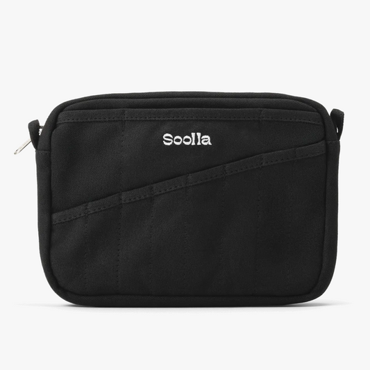 Black bag with 'Soolla' branding on a white background
