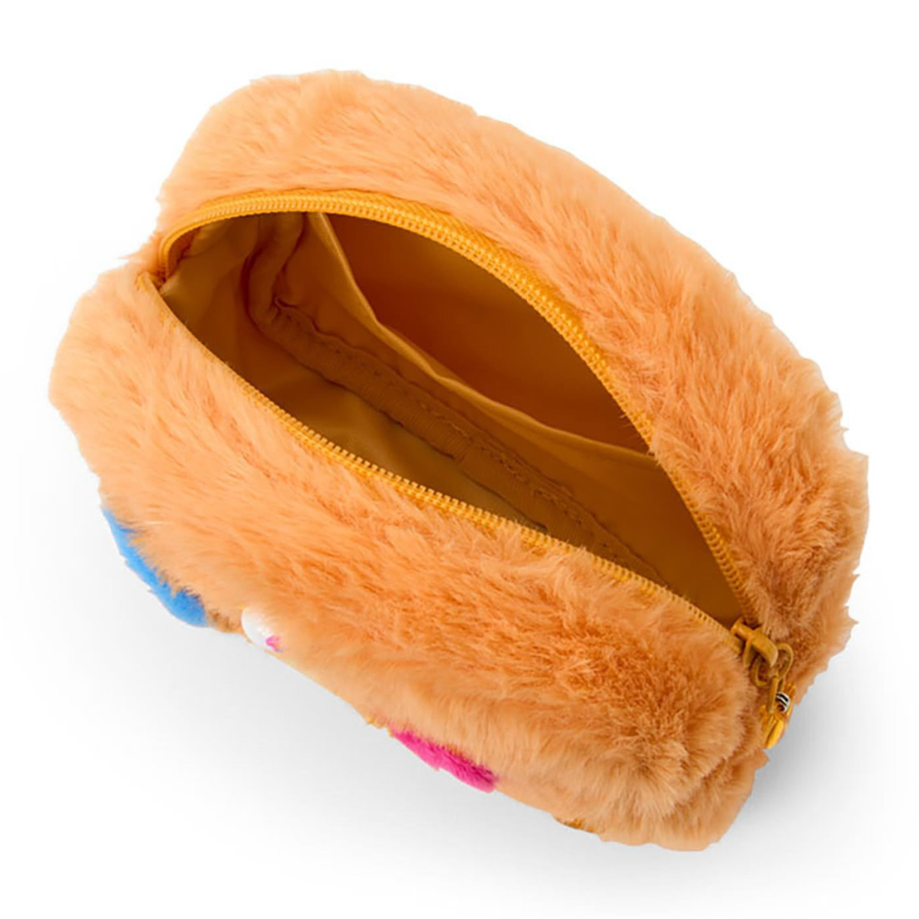 Fluffy brown pouch that is open on a white background