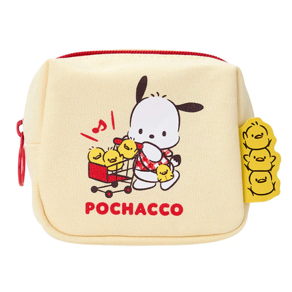 Small pouch with cartoon character and text on a beige background