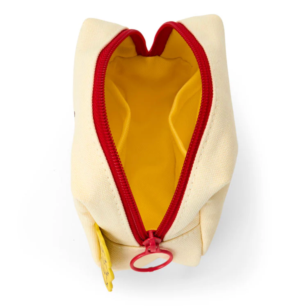 Beige pouch with red zipper on a white background