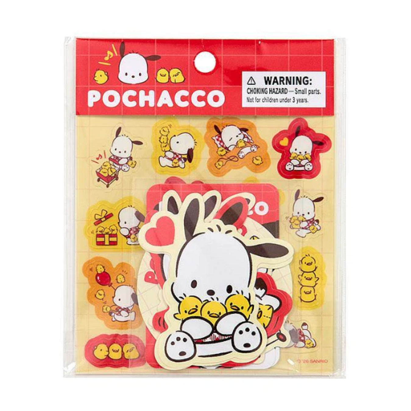 Packaged stickers featuring the character Pochacco with a red label on a white background.