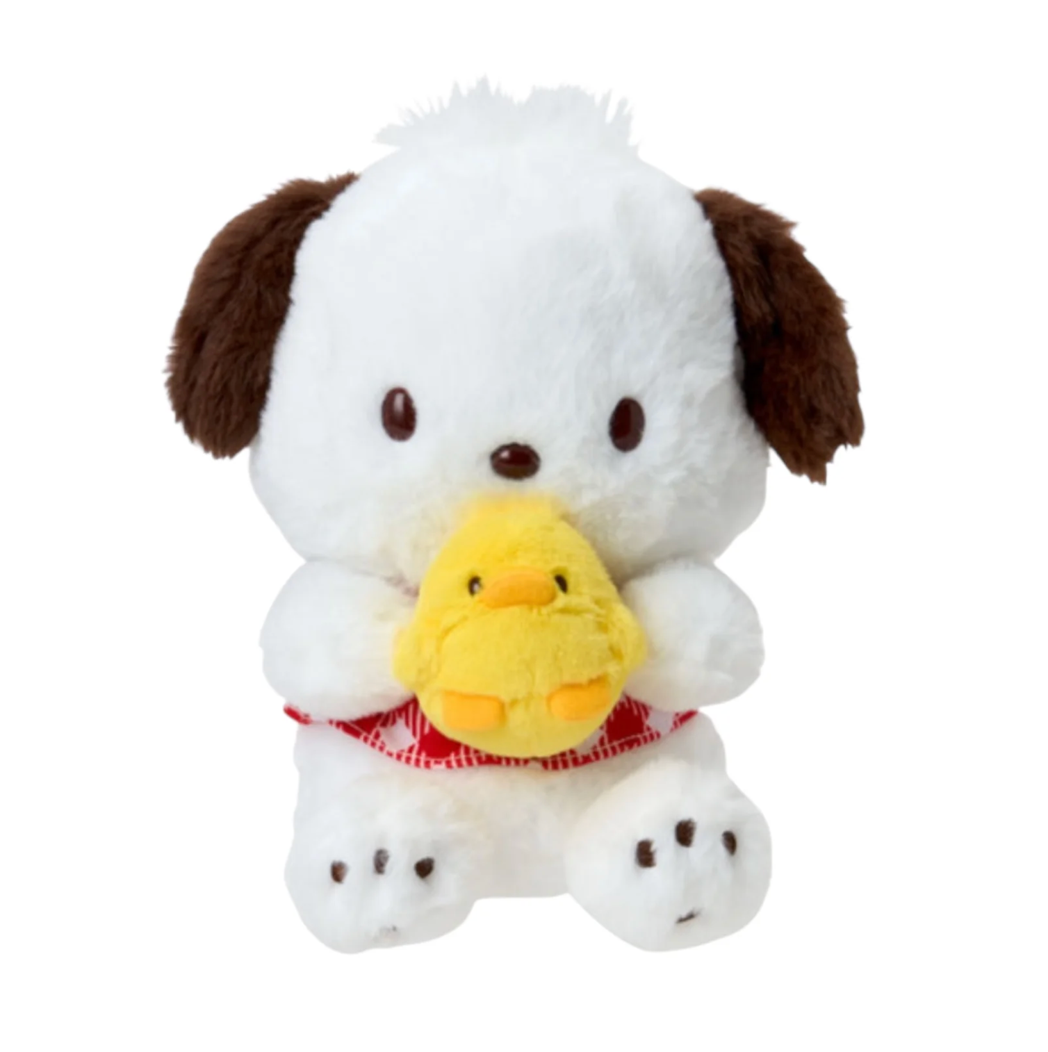 Plush toy dog holding a yellow duckling with a white background