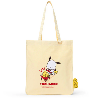 Beige tote bag with cartoon character and text on a white background