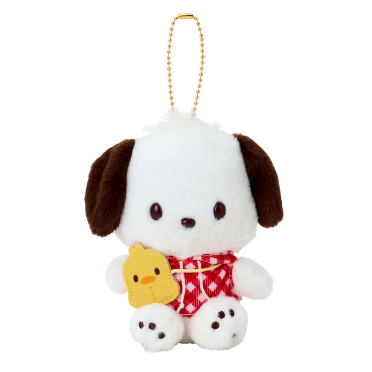 Plush dog keychain with a yellow bird toy on a white background