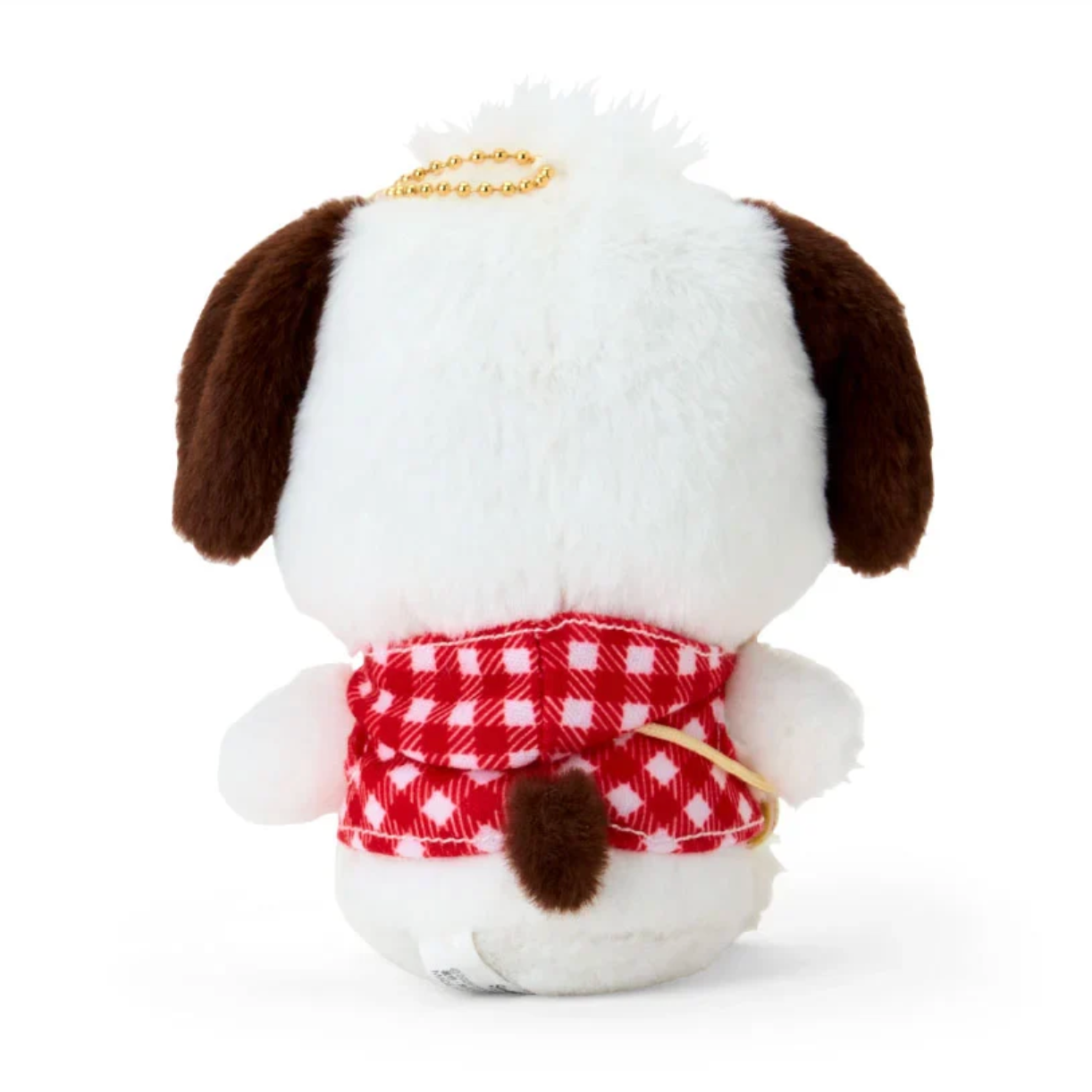 Stuffed dog toy with a red checkered shirt on a white background
