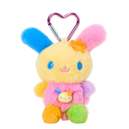 Colorful plush keychain with a heart-shaped clip on a white background