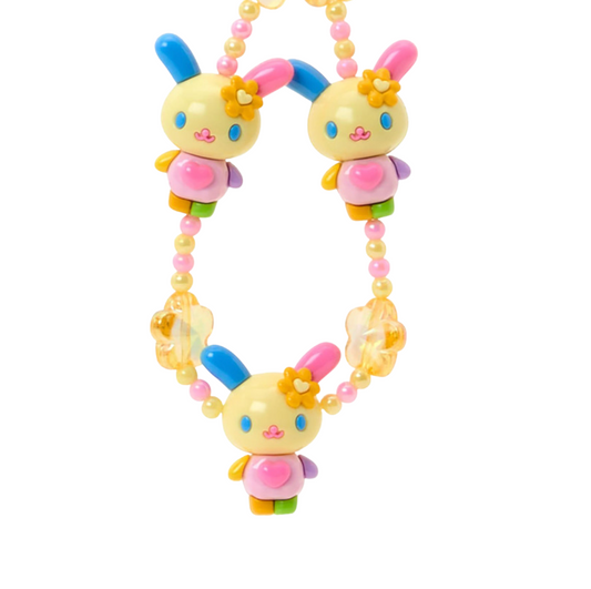 Colorful baby teething necklace with cartoon character on a white background