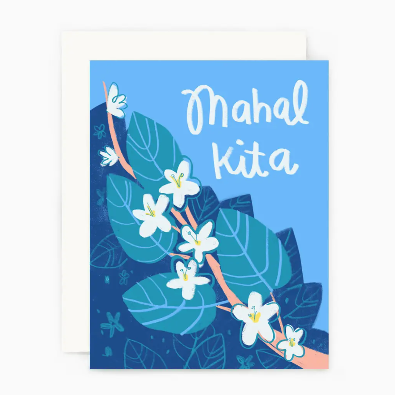 Greeting card with floral design and 'Mahal kita' text on a blue background
