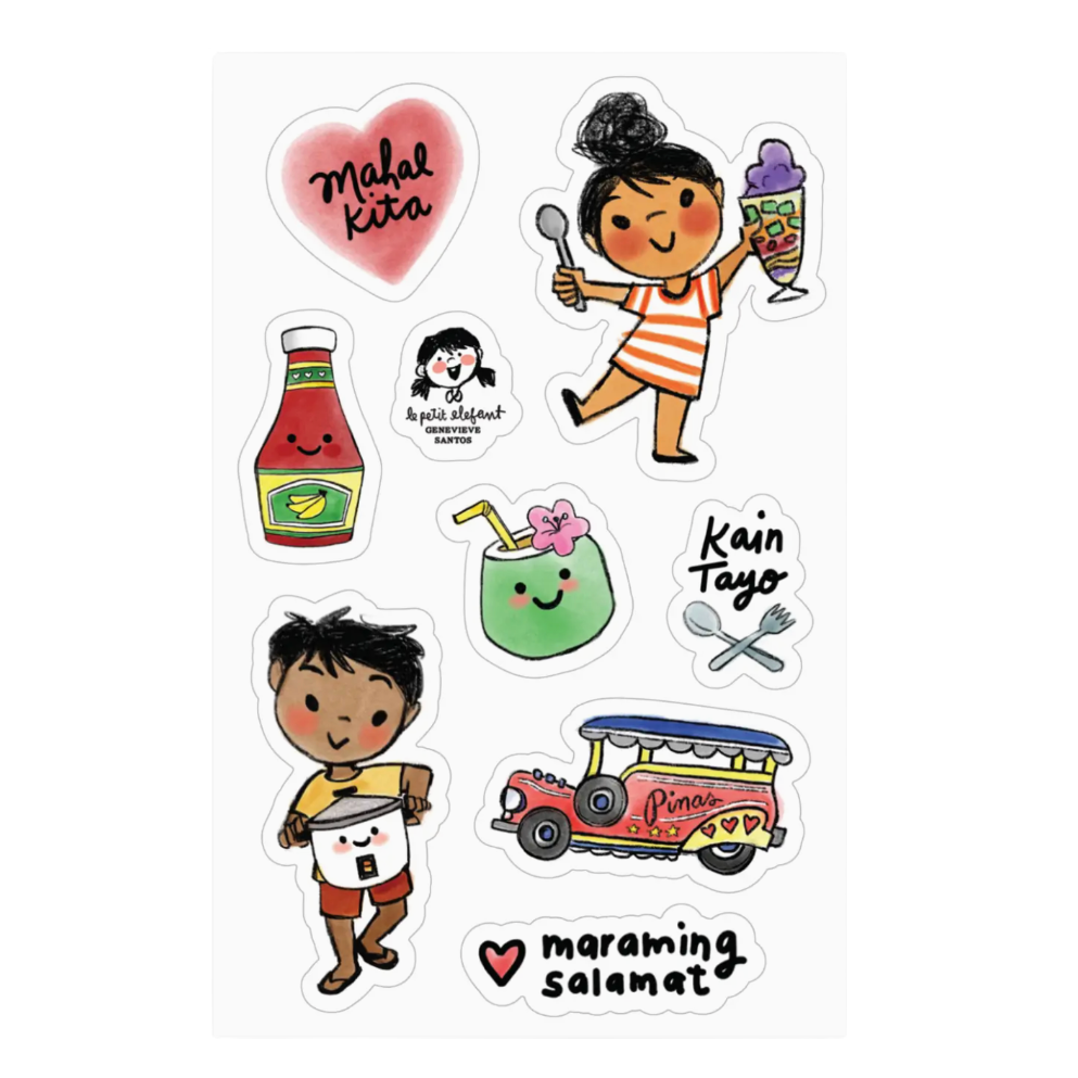 Set of colorful stickers featuring cartoon characters and objects on a white background