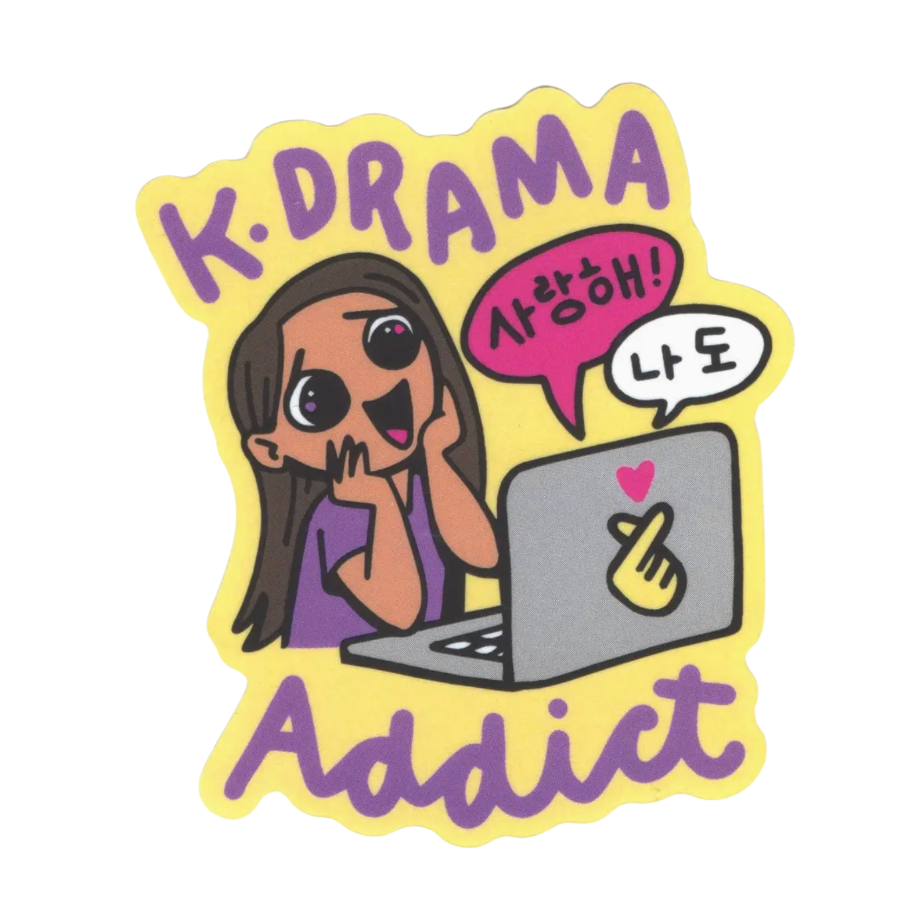 Sticker with a cartoon character labeled 'K.Drama Addict' using a laptop.