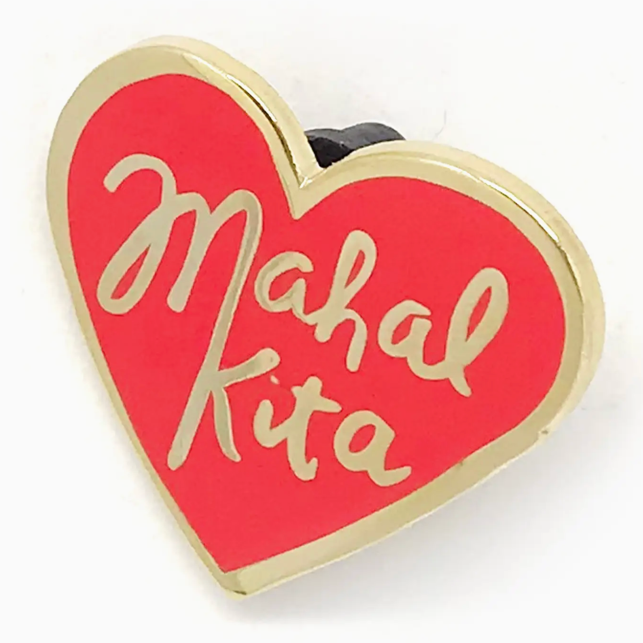 Heart-shaped red and gold pin with 'Mahal Kita' text on a white background