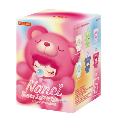 Box of Nanci plush pendant with a pink bear design on a white background