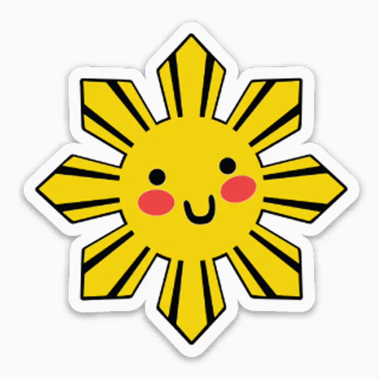 Sun-shaped sticker with a smiling face on a white background
