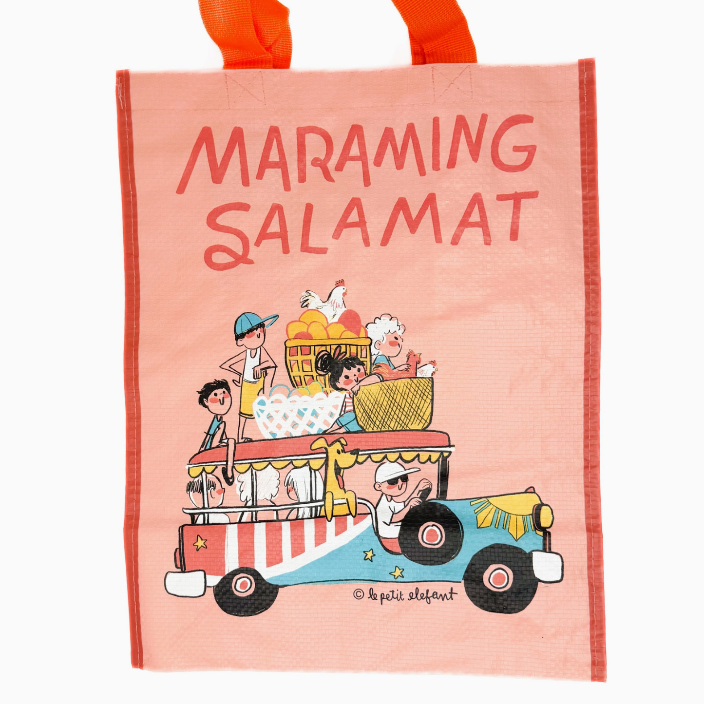 Tote bag with cartoon design and 'Maraming Salamat' text on a peach background