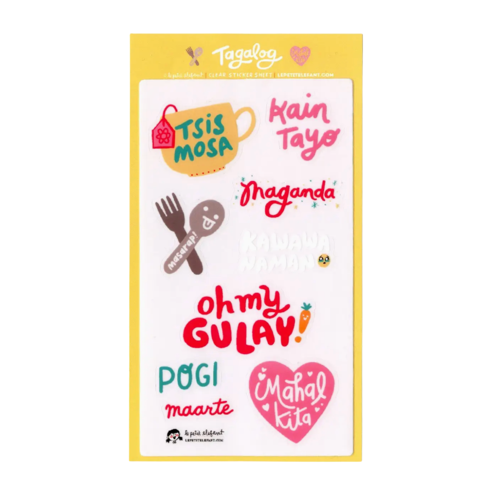 Packaging of Tagoalog stickers with colorful text and graphics on a white background