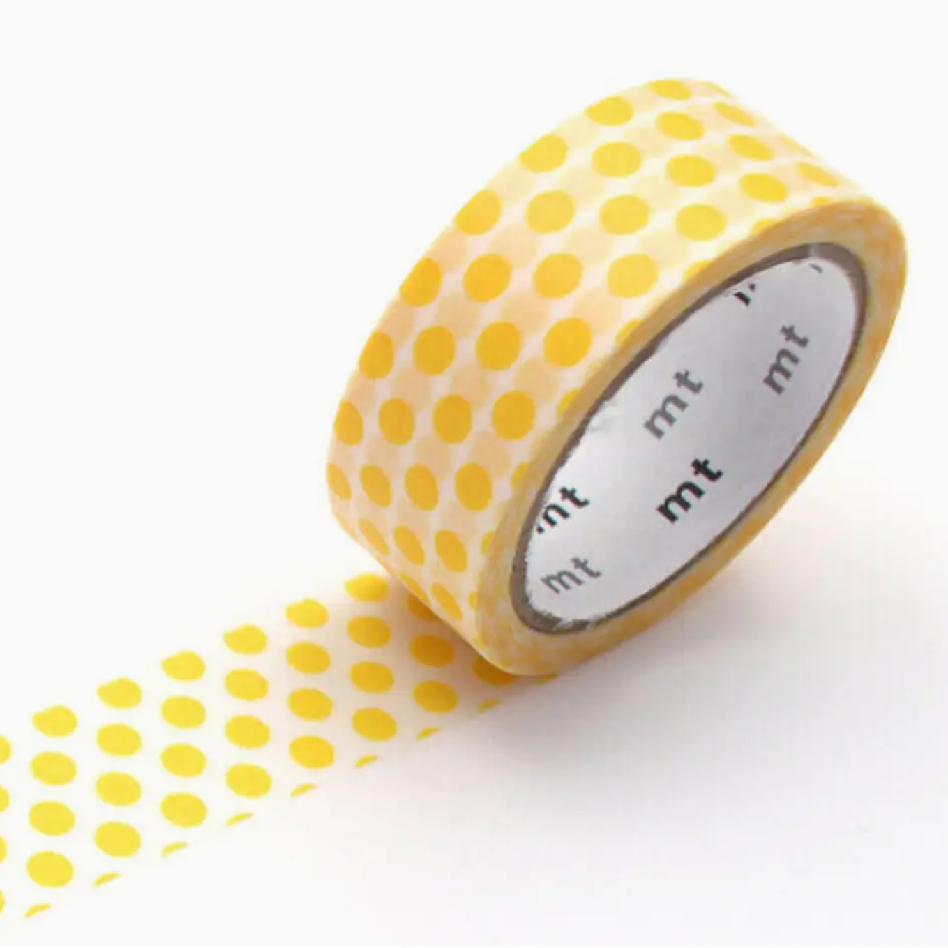 Yellow polka dot tape with 'mt' branding on a white background