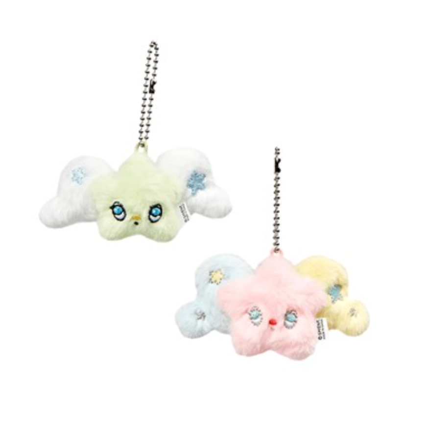 Two plush cloud keychains on a white background