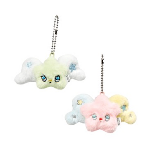 Two plush cloud keychains on a white background