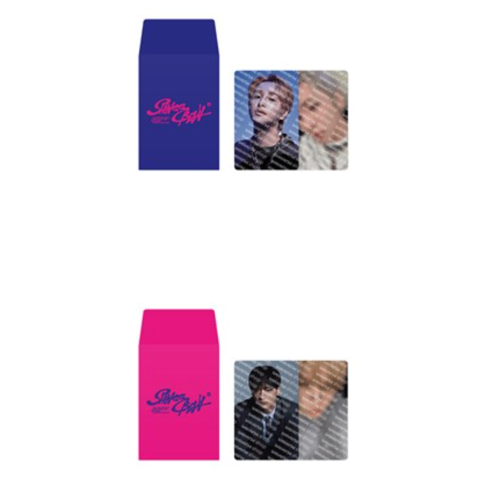 Two trading cards, one blue and one pink, with images of people on a white background.