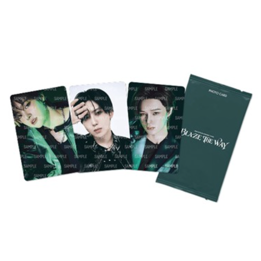Set of photo cards with images and a holder on a white background