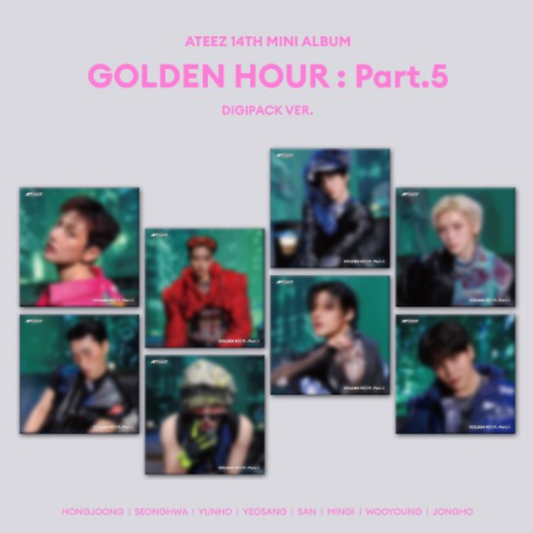 Album image for ATEEZ's 14th mini album 'Golden Hour: Part.5' with album cover images.