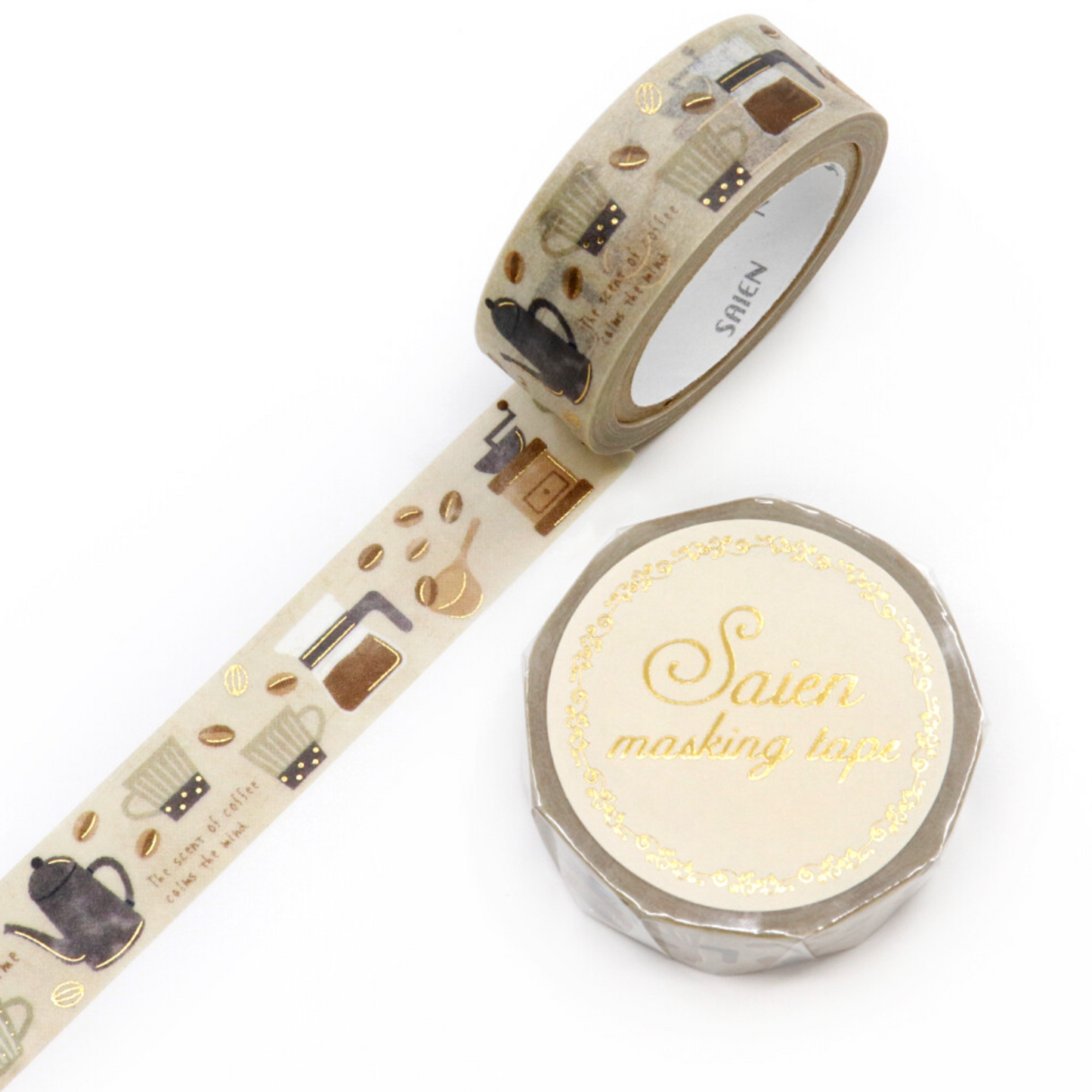 Decorative tape with coffee-themed design on a white background