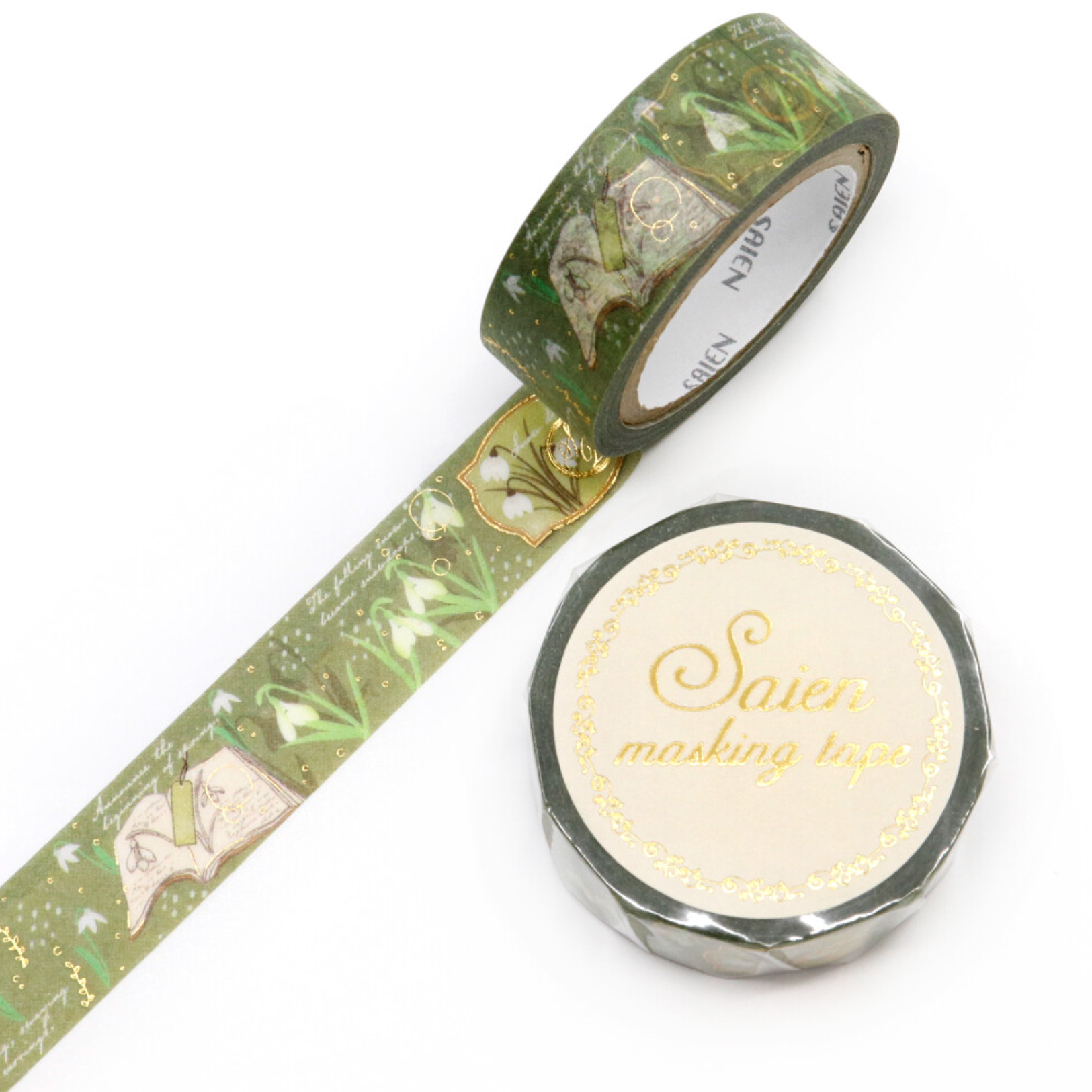 Green washi tape with decorative design on a white background