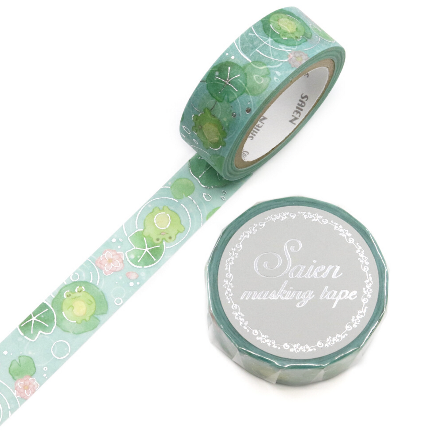 Decorative washi tape with green turtle design on a white background