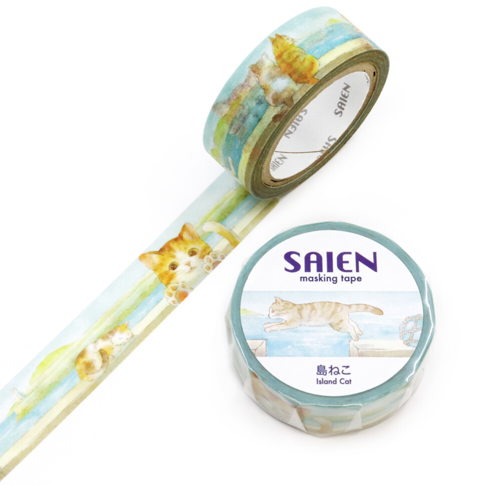 Roll of SAIEN masking tape with cat design on a white background