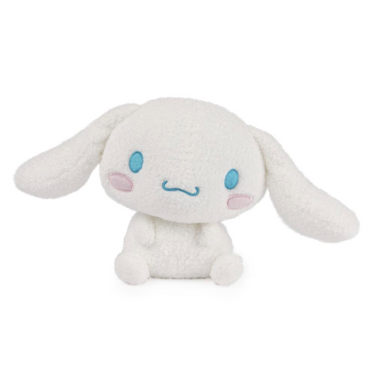 A white plush toy character with long floppy ears, blue embroidered eyes, a blue stitched smile, and pink cheeks, shown against a plain white background.