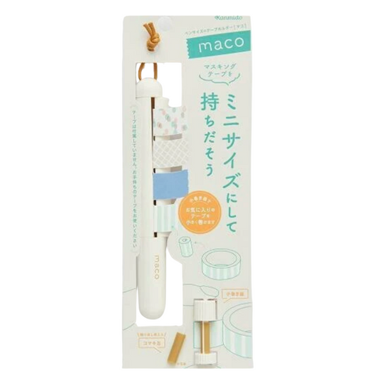 Maco mini size tape dispenser in its original retail packaging, featuring a white and light blue dispenser with gold accents and Japanese text on the label.