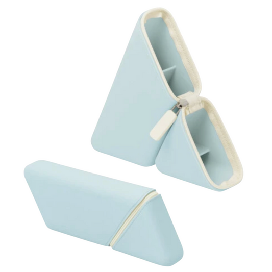 A light blue zippered triangular pencil case shown open and closed on a plain white background.