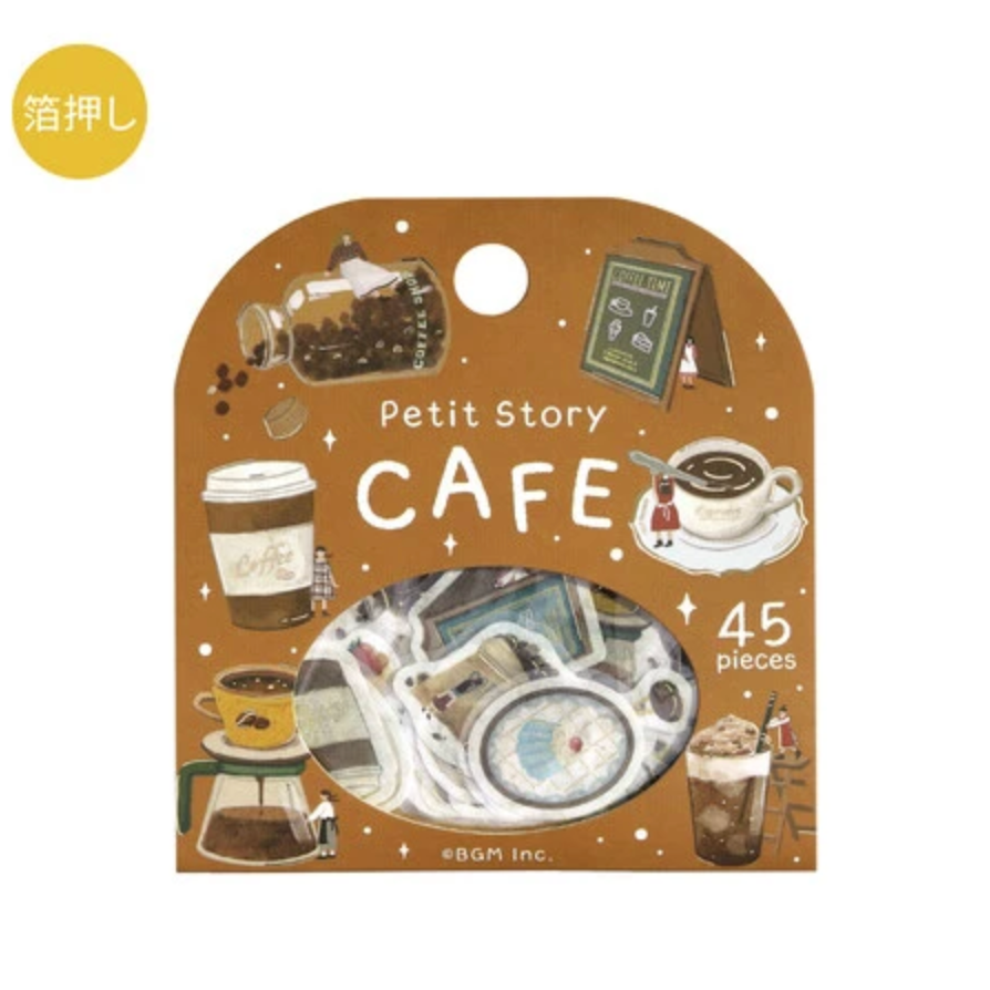 A packaged set of 45 decorative sticker pieces from Petit Story CAFE, featuring a brown cardboard backing decorated with coffee-themed illustrations and a circular window showing the assorted stickers inside.