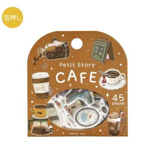 A packaged set of 45 decorative sticker pieces from Petit Story CAFE, featuring a brown cardboard backing decorated with coffee-themed illustrations and a circular window showing the assorted stickers inside.