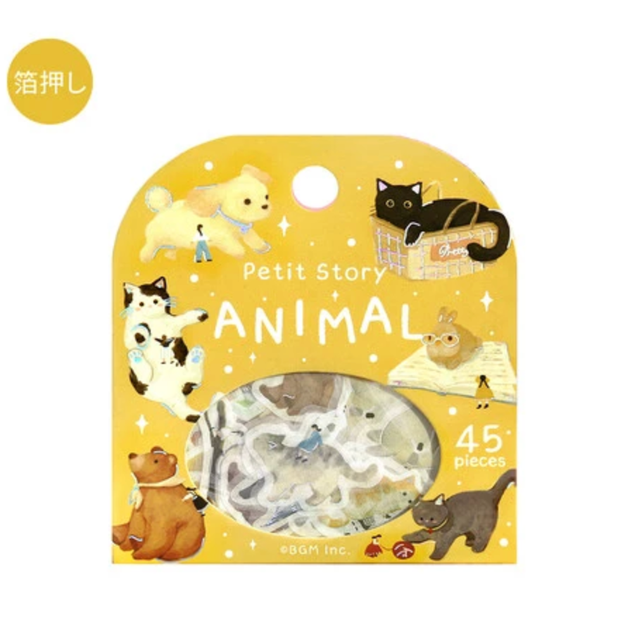 A packaged set of small animal-themed items on a yellow backing card labeled 'Petit Story ANIMAL' with '45 pieces' and a circular window showing the contents. The card is illustrated with cartoon animals including a dog, cat, rabbit, bear, and penguin, and includes a small yellow circle with Japanese text in the upper left.