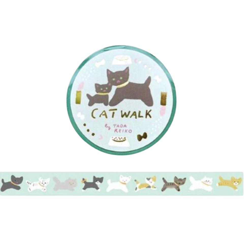 A round decorative label or sticker featuring the text 'CAT WALK' with illustrated cats and small accessories, plus a horizontal strip below showing repeating cat figures in different colors on a pale mint background. The visible text includes 'by TADA REIKO'.